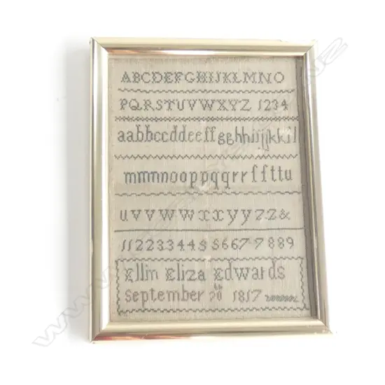 A small framed antique alphabet sampler, by Ellin Eliza Edwards, 1817. 215 x 160mm, some damage...